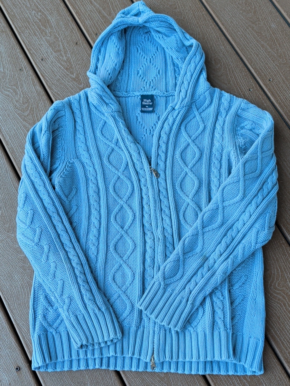 High Sierra Sky Blue Cotton Cable Knit Hooded Zip Sweater Versatile Weekend Wear